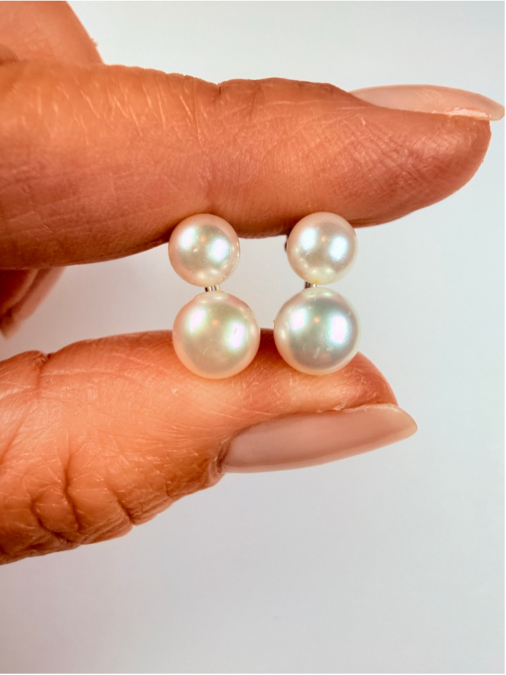14K Solid White Gold Duo Akoya Saltwater Pearl Screw Back Vintage Earrings
